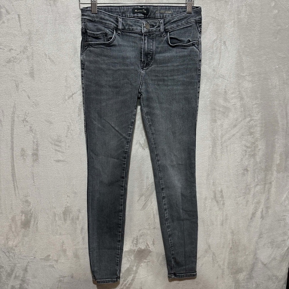 Massimo Dutti Mid Rise Skinny Jeans Women's Size 28 Distressed Pockets Logo Gray